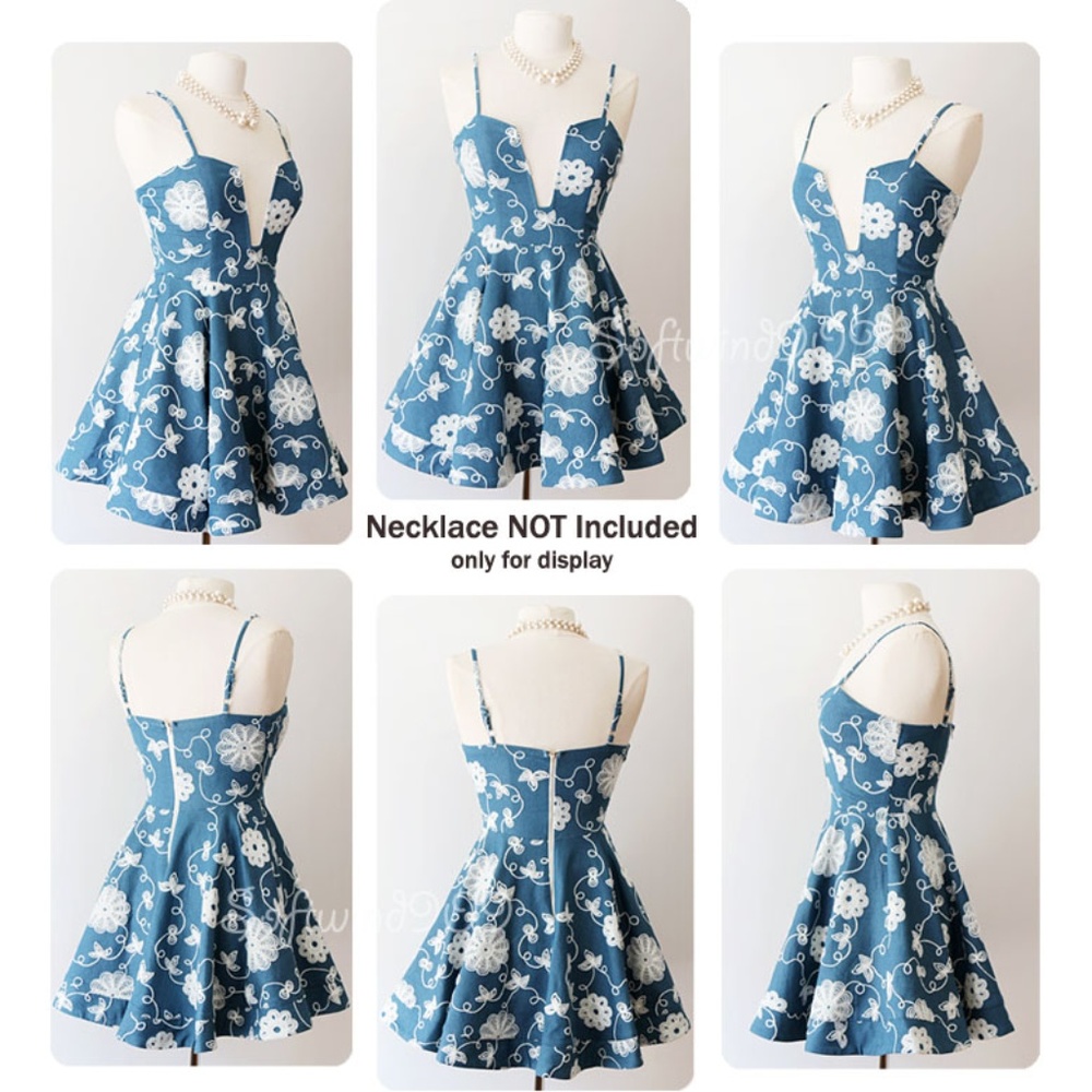 Last☝️ Blue Floral Embroidered Plunge Skater Dress - Picture 7 of 8